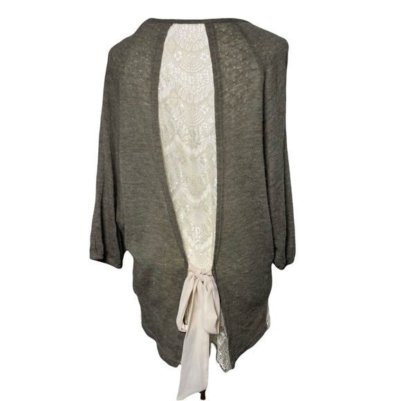 A'REVE Anthropologie Kimono Sleeve Lace Bottom Tie Back Brown Knit Top Size L - Picture 2 of 12